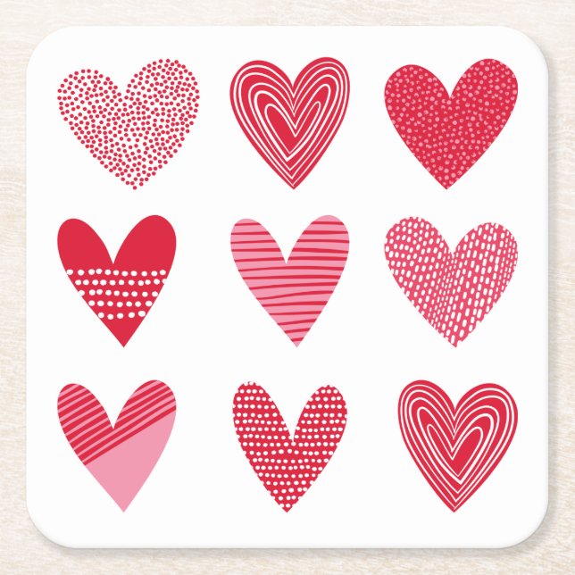 Cute hearts in red and pink square paper coaster (Front)