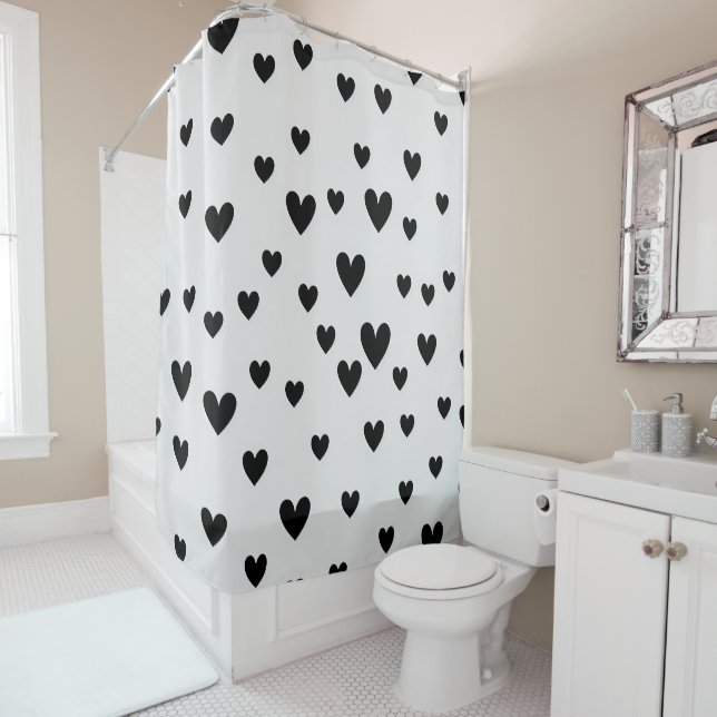 Cute Hearts Pattern in Chic Black and White Shower Curtain (In Situ)