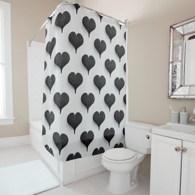 Cute Hearts Pattern in Chic Black and White Shower Curtain (In Situ)