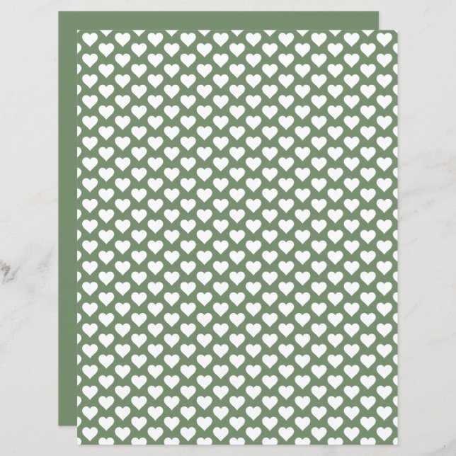 Cute Hearts Pattern Sage Green Scrapbook Paper (Front/Back)