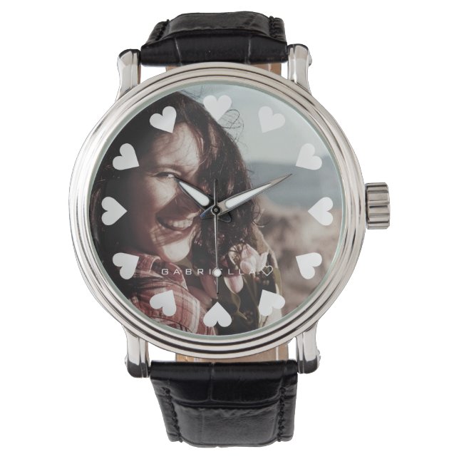 Cute Hearts Personalised Name Photo Image Template Watch (Front)