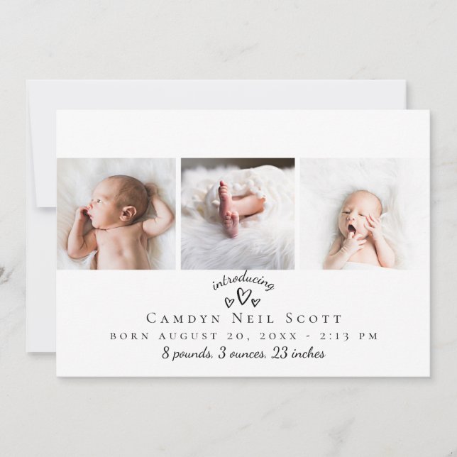 Cute Hearts Photo Strip Birth Announcement (Front)