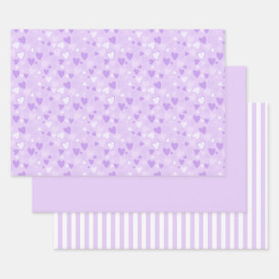 Cute Hearts Print Lavender Wrapping Sheet Set of 3
