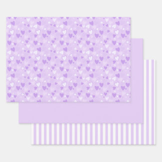Cute Hearts Print Lavender Wrapping Sheet Set of 3