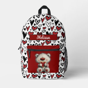 Cute Hearts Teddy Bear Customizable Name Printed Backpack