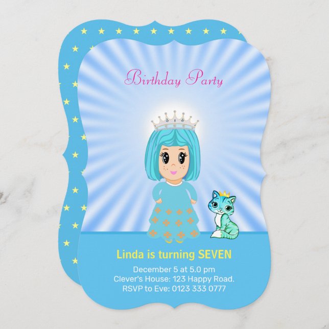 Cute Heavenly Princess with Kitty Cat 7th Birthday Invitation (Front/Back)