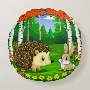 Cute Hedgehog and bunny in a Bright Forest Round Cushion