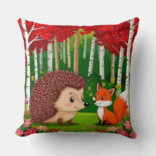 Cute Hedgehog and fox n a Bright Forest Cushion (Front)
