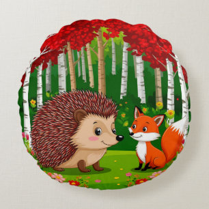 Cute Hedgehog and fox n a Bright Forest Round Cushion