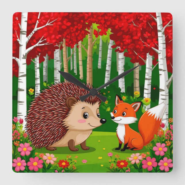 Cute Hedgehog and fox n a Bright Forest Square Wall Clock (Front)