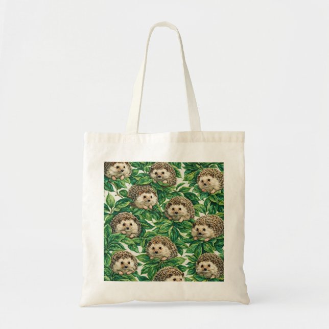 Cute Hedgehog and Green Leaves Pattern Tote Bag (Front)
