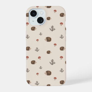 Cute Hedgehog and Mushrooms Forest Pattern iPhone 15 Case