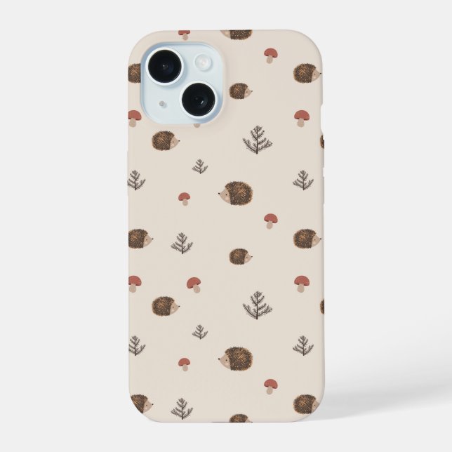 Cute Hedgehog and Mushrooms Forest Pattern iPhone 15 Case (Back)