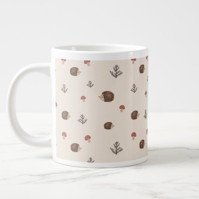 Cute Hedgehog and Mushrooms Forest Pattern Large Coffee Mug (Left)