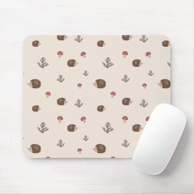 Cute Hedgehog and Mushrooms Forest Pattern Mouse Mat (With Mouse)