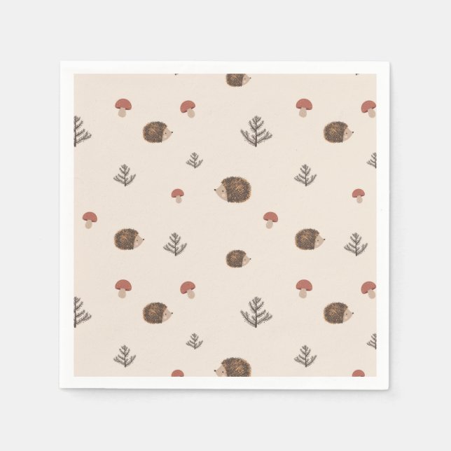 Cute Hedgehog and Mushrooms Forest Pattern Napkin (Front)