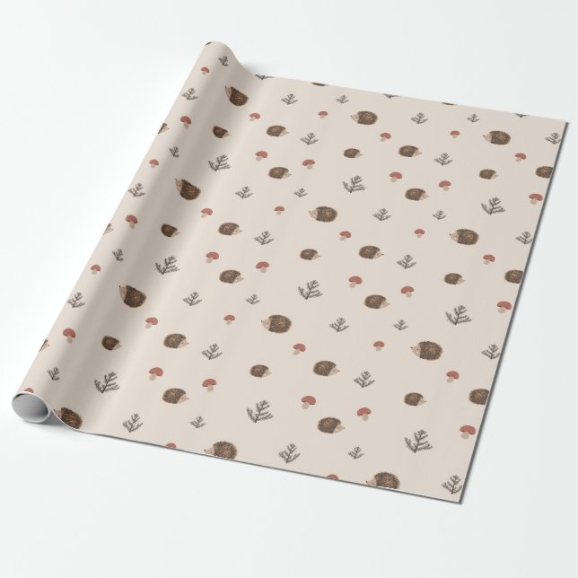 Cute Hedgehog and Mushrooms Forest Pattern Wrapping Paper (Unrolled)