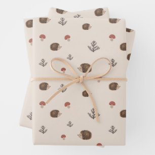 Cute Hedgehog and Mushrooms Forest Pattern Wrapping Paper Sheet