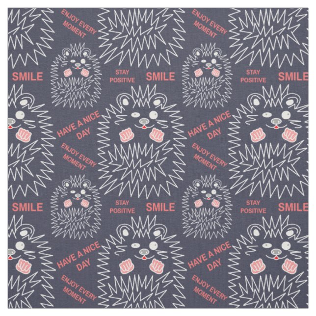 Cute Hedgehog And Positive Text Pattern For Black Fabric (Swatch)