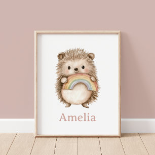 Cute Hedgehog And Rainbow Baby Name Nursery Wall Poster