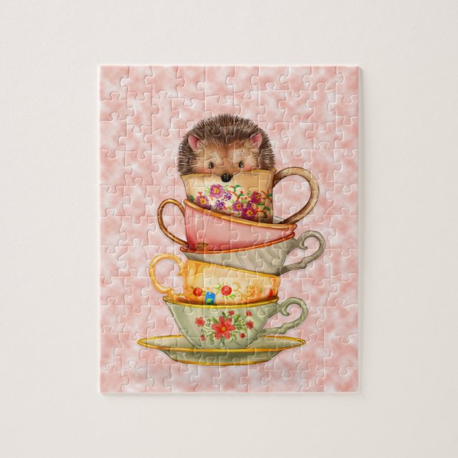 Cute Hedgehog and Stack of Colourful Teacups Pink Jigsaw Puzzle (Vertical)
