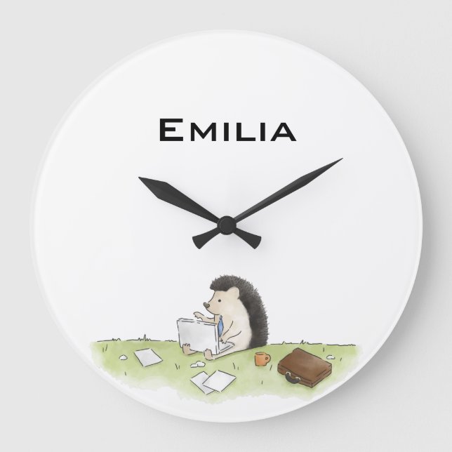 Cute Hedgehog Animal with Computer Colour  Large Clock (Front)