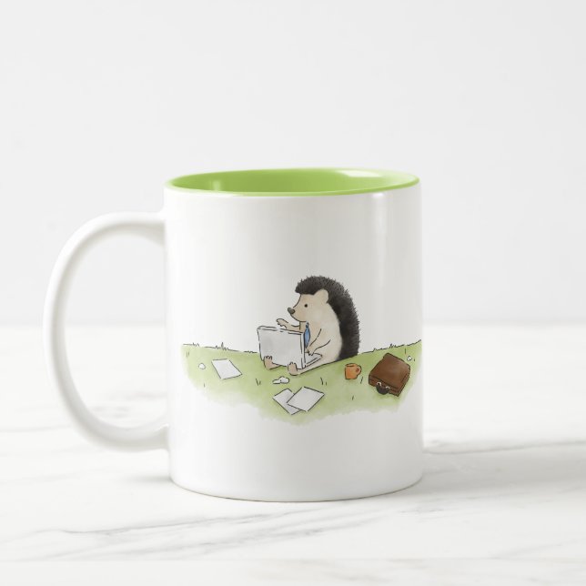 Cute Hedgehog Animal with Computer Double-Sided Two-Tone Coffee Mug (Left)