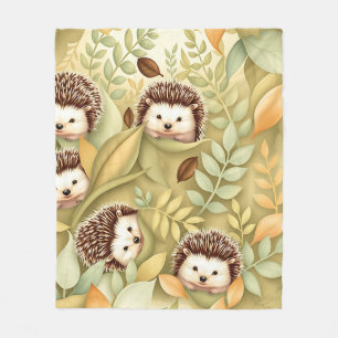 Cute Hedgehog Autumn Leaves Pattern Fleece Blanket