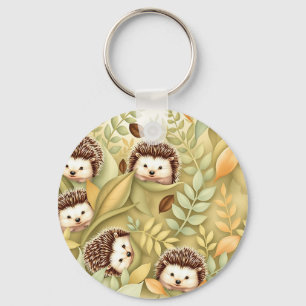 Cute Hedgehog Autumn Leaves Pattern Key Ring