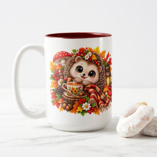 Cute Hedgehog Autumn Mug, Cosy Woodland Animal Two-Tone Coffee Mug
