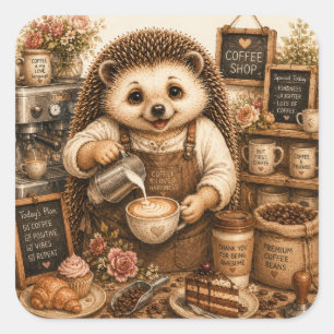 Cute Hedgehog Barista Watercolor Art Square Sticker