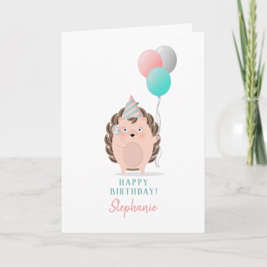 cute wooden hedgehog and balloons birthday card suitable for any birthday