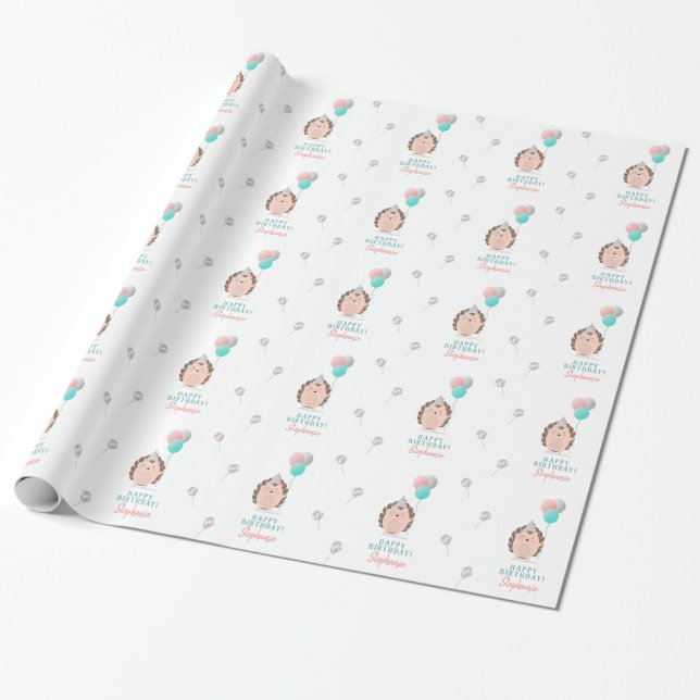 Cute Hedgehog Birthday Wrapping Paper (Unrolled)