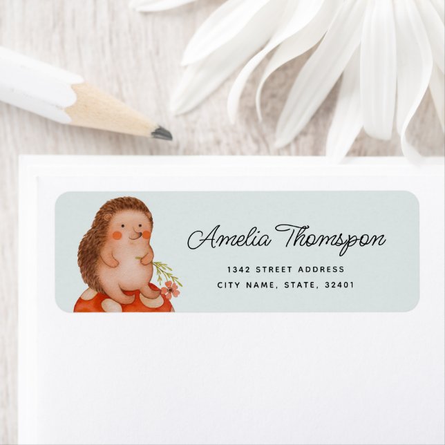Cute Hedgehog Blue Baby Shower Return Address (Insitu)