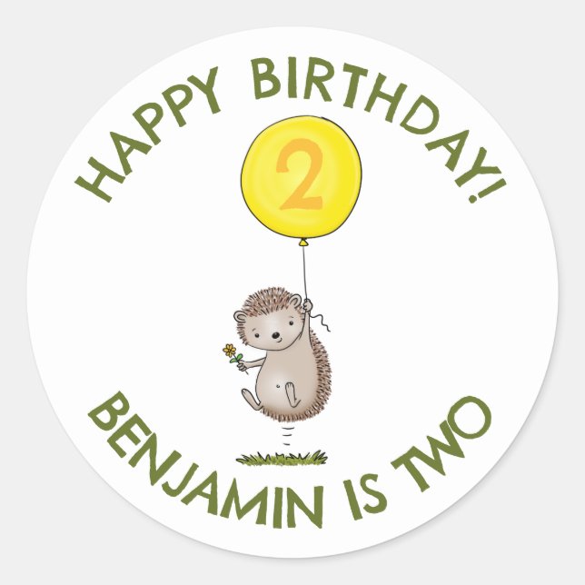 Cute hedgehog cartoon personalised birthday classic round sticker (Front)