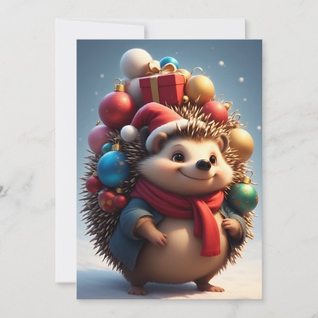 Cute Hedgehog Celebrating Christmas Card (Front)