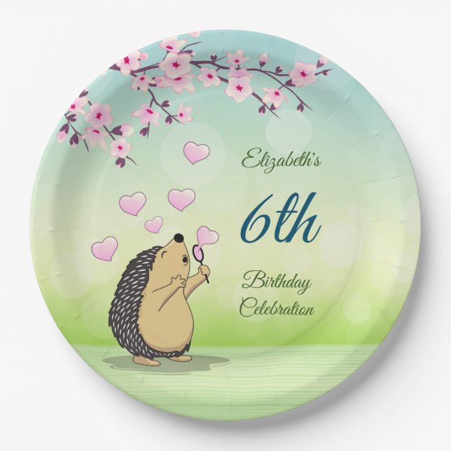 Cute Hedgehog Cherry Blossom | Custom Birthday  Paper Plate (Front)
