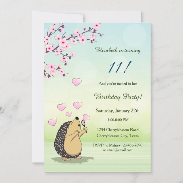Cute Hedgehog Cherry Blossom Girl´s Birthday Invitation (Front)