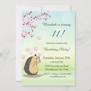 Cute Hedgehog Cherry Blossom Girl´s Birthday Invitation