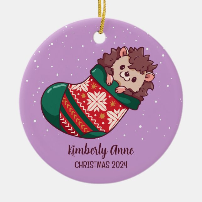 Cute Hedgehog Christmas Animal Snow Winter Holiday Ceramic Tree Decoration (Front)