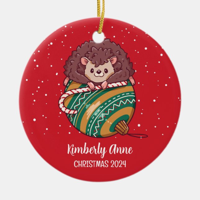 Cute Hedgehog Christmas Animal Snow Winter Holiday Ceramic Tree Decoration (Front)