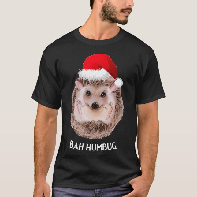 Cute Hedgehog Christmas Santa Hat Bah Humbug T-Shirt (Front)