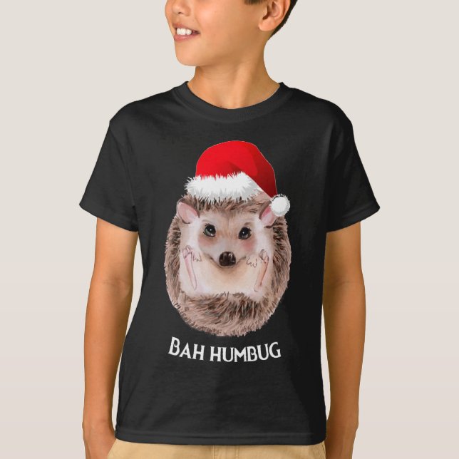 Cute Hedgehog Christmas Santa Hat Bah Humbug T-Shirt (Front)