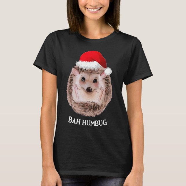 Cute Hedgehog Christmas Santa Hat Bah Humbug T-Shirt (Front)
