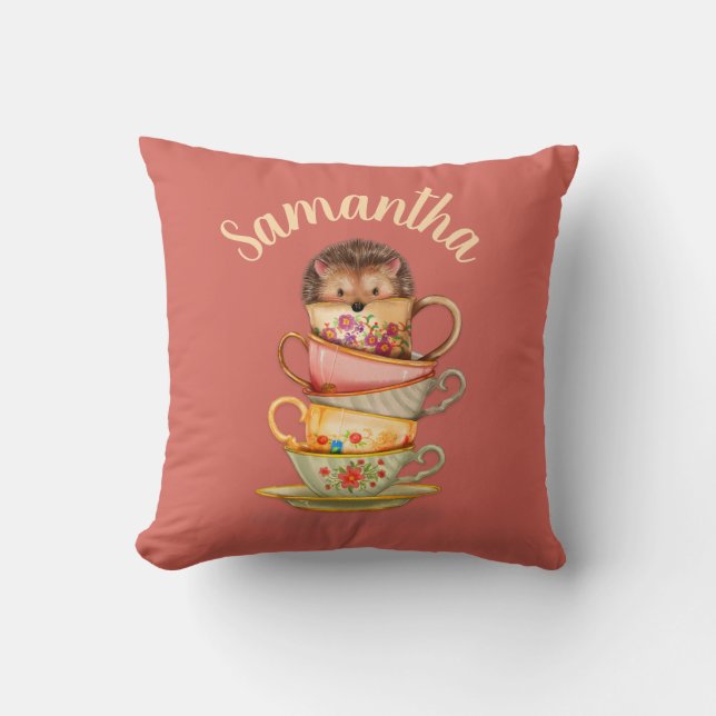 Cute Hedgehog Colourful Teacups Pink Custom Cushion (Front)