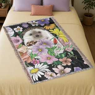 Cute Hedgehog Colourful Wildflowers Woodland Throw Blanket