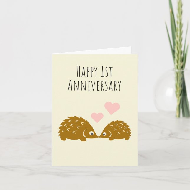 Cute Hedgehog Couple- Happy 1st Anniversary Card (Front)