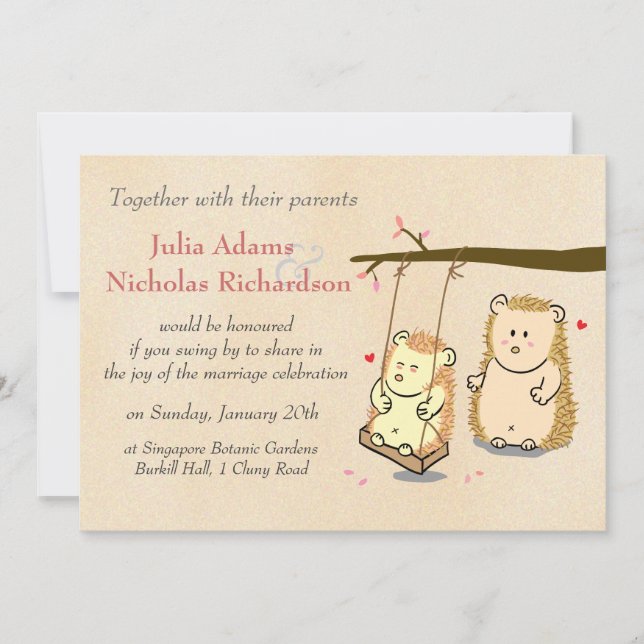 Cute Hedgehog Couple on Tree Swing Wedding Invitation (Front)