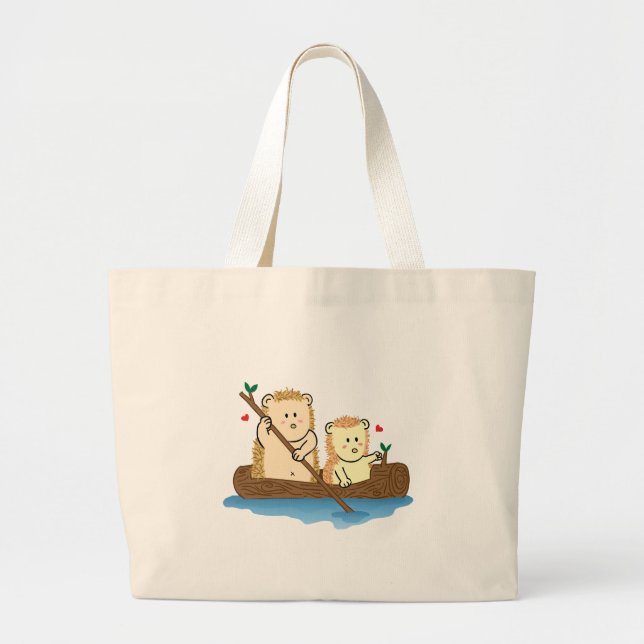 Cute Hedgehog Couple Rowing On Wooden Trunk Boat Large Tote Bag (Front)