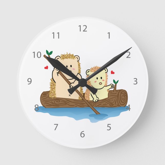 Cute Hedgehog couple sailing on wooden boat Round Clock (Front)